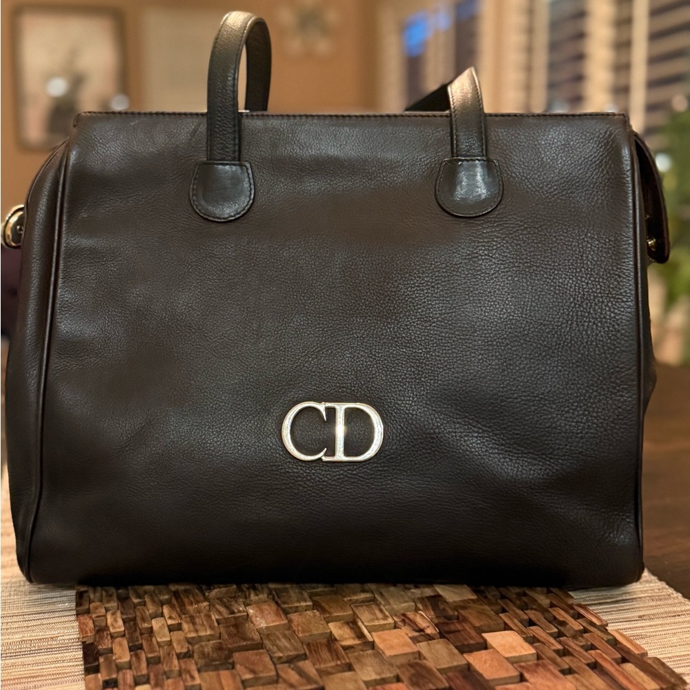 Christian Dior Dark Brown Leather Vintage Tote  Bag